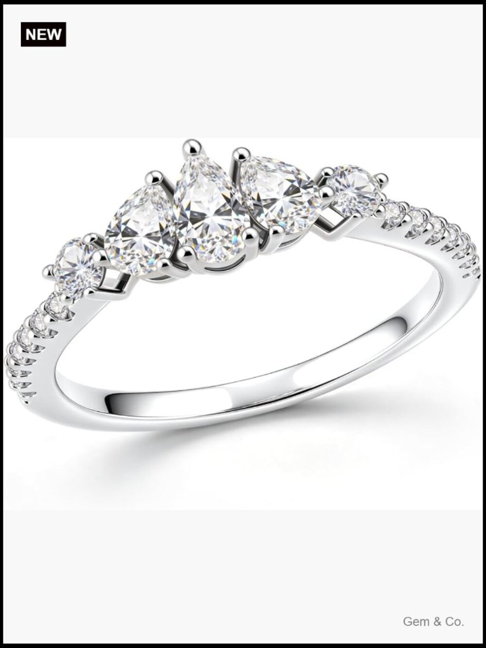 1.1CT Pear Shaped Moissanite Three Stone Engagement Ring 18K White Gold Plated